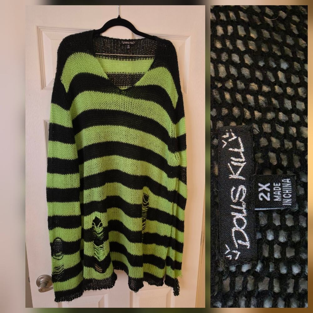 Dolls kill Knit Sweater 2X My Favorite Haunt Striped Goth Punk Grunge Sheer